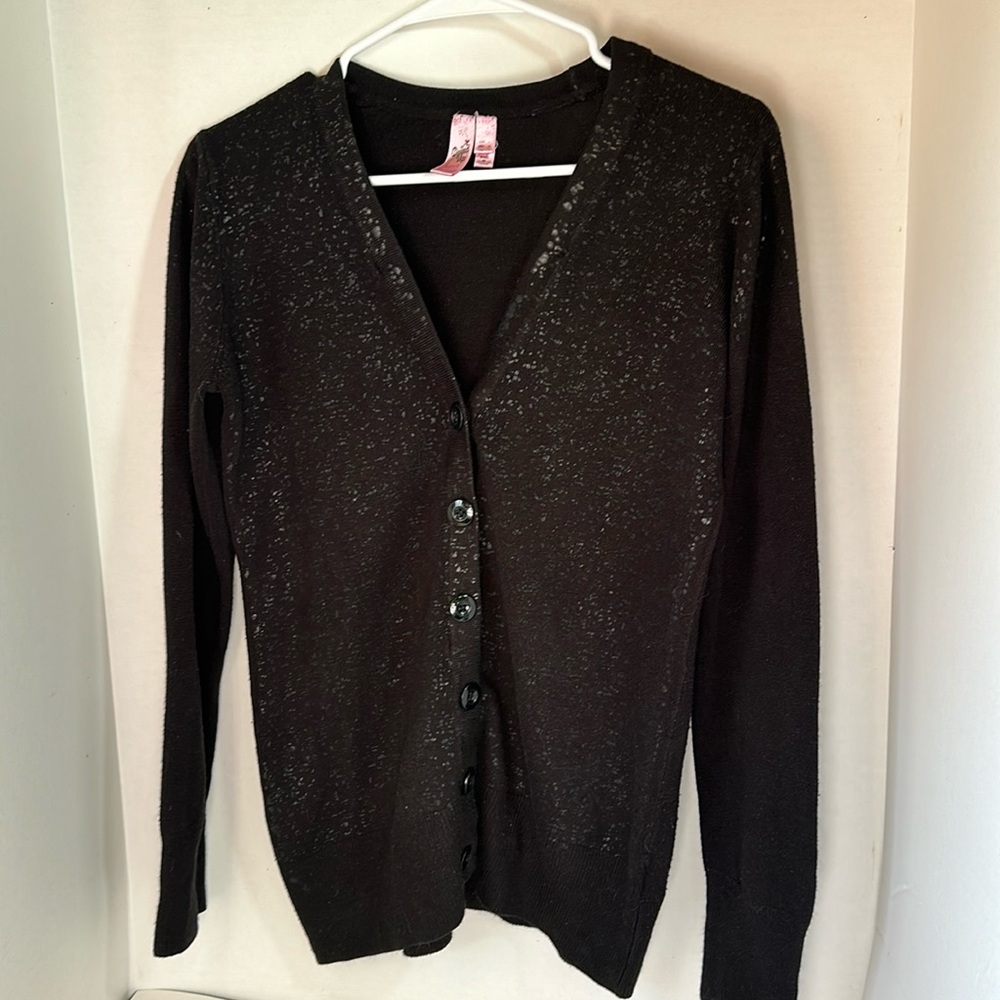 Dolled up by fang black button up cardigan size large metallic shimmer